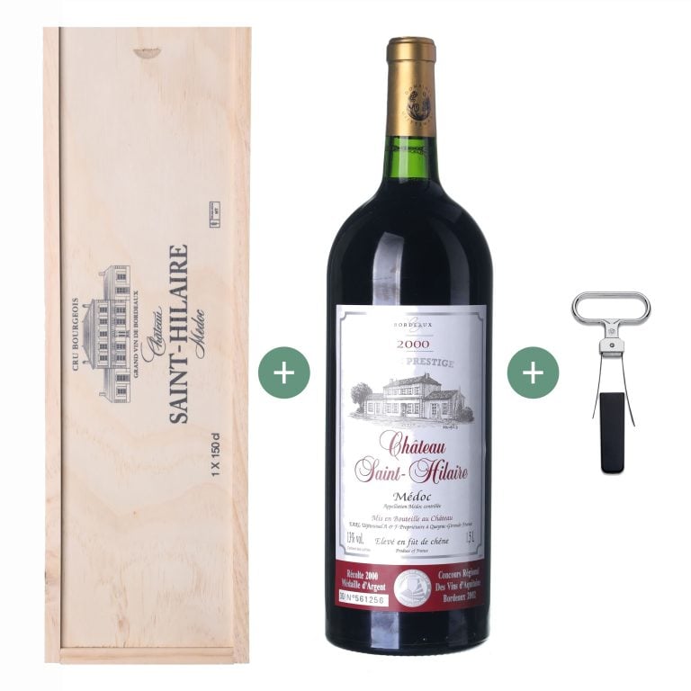 2000 Médoc Château Saint-Hilaire Magnum volume 1,5 l - gift set wooden (+ gift box and wine opener)