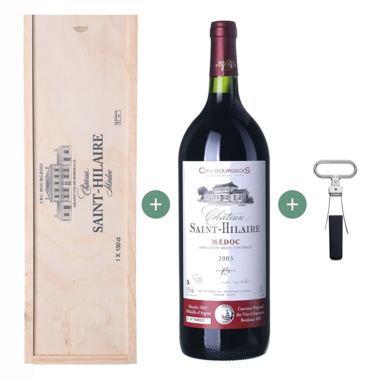 2003 Médoc Château Saint-Hilaire Magnum volume 1,5 l - gift set wooden (+ gift box and wine opener)