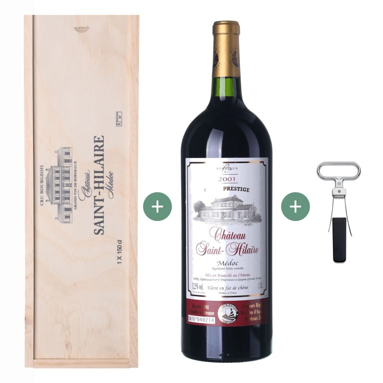 2001 Médoc Château Saint-Hilaire Magnum (volume 1,5 l) - gift set wooden (+ gift box and wine opener)