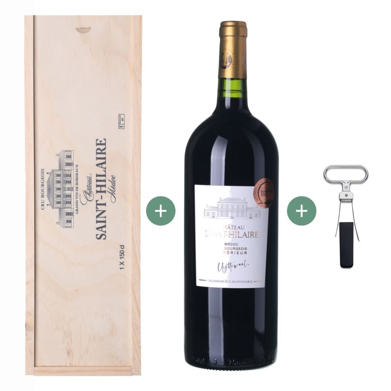 2018 Médoc Château Saint-Hilaire Magnum (volume 1,5 l) - gift set wooden (+ gift box and wine opener)